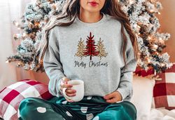 Merry Christmas Sweatshirt, Leopard Print Buffalo Plaid Sweatshirt, Christmas Tree Sweater, Christmas Gift, Ladies Merry
