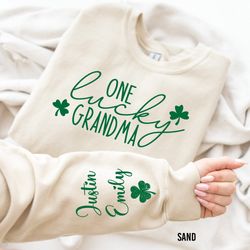 One Lucky Grandma Sweatshirt with Children Name on Sleeve, Custom St Patricks Day Sweatshirt, St Patricks Shirt,Shamrock