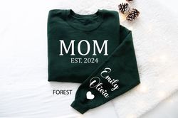 Personalized Mom Est Sweatshirt with Kids Names Sleeve, Custom Momma Sweater, Gift for Mom, Minimalist New Mama Est Swea