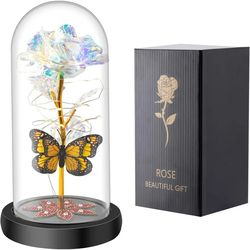 Qoosea Rose Flower Gifts for Women, Mothers Day Eternal Rose with Butterfly in Plastic Dome Artificial Flower Unique Bir