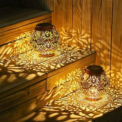 2 Pack Outdoor Solar Hanging Lantern Lights Metal LED Decorative Light for Garden Patio Courtyard Lawn and Tabletop with