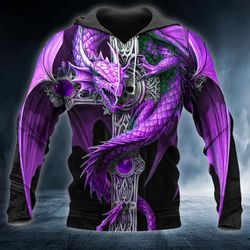 purple winged dragon on cross sword skull 3d hoodie, all over print hoodie unisex