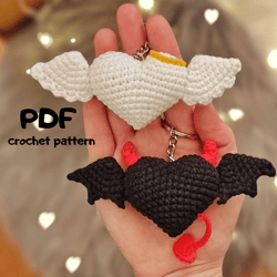 PATTERN Keychains Devil&Angel With Wings Crochet heart keychain pattern valentines gift amigurumi keychain pattern