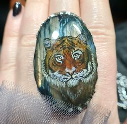 Tiger ring Labradorite ring Labradorite ring. Tiger ring. Oil painting miniature. Laquer miniature. Stone
