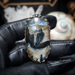 Labradorite ring. Raven or crow ring. Like viking ring. Oil painting miniature. Laquer miniature. Stone - aaa large rain