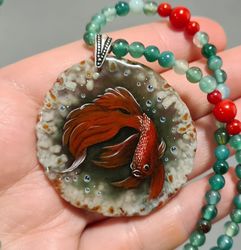 Necklace Siamese cockerel fighting fish Hand painted Christmas Gift Wrapping