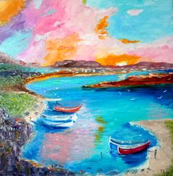 Lagoon. Sunset. Boats. Original oil painting Seascape
