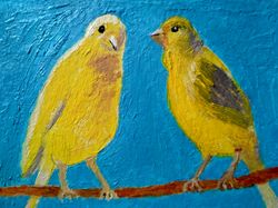 Mini painting Canaries Original oil painting with birds Yellow birds art