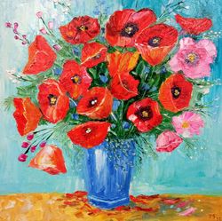 Poppies in a blue vase Original oil painting Floral art Wall art Red flowers painting