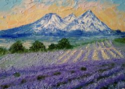 Mount Shasta Original oil painting Mountain landscape Lavender field art