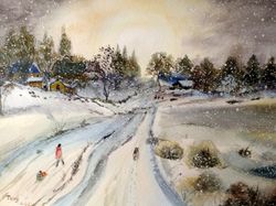Snow and sun Original watercolor painting Winter in the willage One of a kind art Wall decor Unframed