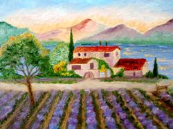 Lavender farm Landscape oil painting Sunset fine art