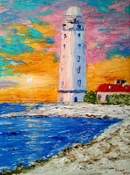 Lighthouse Sunset seascape Original art Bright oil painting with lighthouse