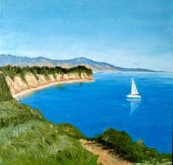 California oil painting Seascape with yacht Original art
