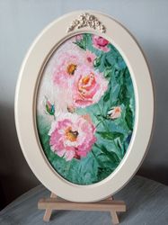 Roses as a gift A painting in an oval frame Original art Flowers oil painting Pink roses painting