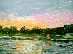Sunset over the river Original art Framed Landscape oil painting