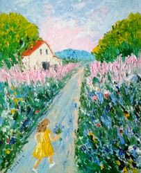 A little girl with flowers Original oil painting Summer landscape Impressionism art