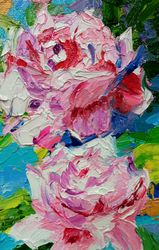 Abstract roses painting Small oil picture Two pink roses art Original art Framed