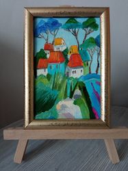 Children's houses Original art Framed small oil painting Houses from a fairy tale