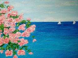 Sea and flowers art Original oil painting Impasto Wall art Pink flowers in the seascape Wall art