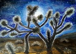 Joshua trees in the moonlight Night landscape Original oil painting Wall decor