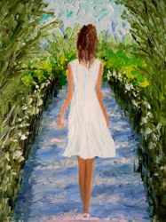 The girl in the white dress Original art Oil painting Wall decor A romantic picture