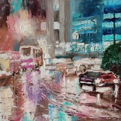 Rainy evening Original oil painting Urban landscape