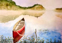 Red boat Sunrise Original watercolor painting Landscape painting Wall art