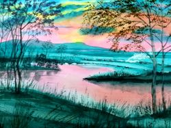 Pink sunset Original watercolor painting Evening landscape Wall art