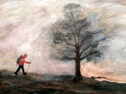 Storm Original watercolor painting A lonely traveler The tree and the man art