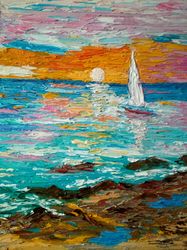 White sail Original oil painting Sea Sunset art Impasto fine art