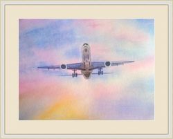 Airplane Original watercolor painting Skyscape Cloudes Sunset sky art