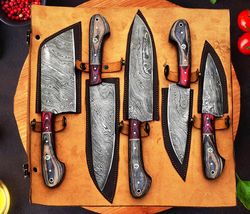 Beautiful Handmade Damascus Kitchen Chef Knife Set 5Pcs, Cowhide Roll Kit, Rose Wood Handle, Gift for Her