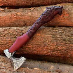 Wolf Head Handmade Bearded Axe Hand Engraved Axe with Leather Sheath Hand Carved Rosewood Handle Gift for Men Anniversar