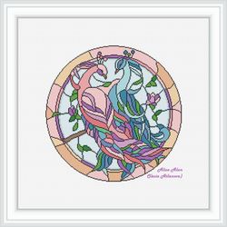 Cross stitch pattern birds Peacocks silhouette stained glass ornamental colorful counted cross stitch patterns PDF
