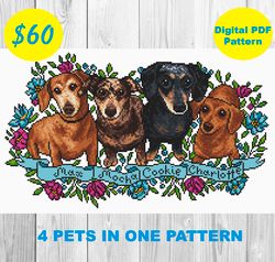 Custom pet portrait by photo cross stitch pattern digital PDF 4 pets in one pattern