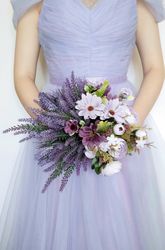 Light purple lavender, camellia, daisy, greenery bridal bouquet