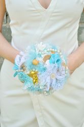 Light blue, white and gold shabby chic wedding bouquet