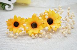 Sunflowers and baby's breath hair pins. Wedding hair piece. Bridal hair accessories