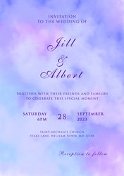 Blue and purple clouds wedding invitation, save the date PSD template