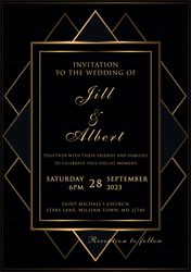 Black and gold Art Deco wedding invitation, save the date PSD template