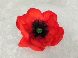 Artificial cloth red poppy flower for dresses, hats, bags, crafts, decorations, stumpwork embroidery. Satin ribbon