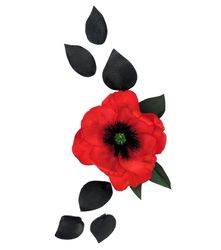 Red faux poppy flower with black and green leaves set. Fabric embellishments for clothing. Satin ribbon flower for craft