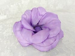 Artificial cloth light purple flower. Satin ribbon flower for clothing. Sewing embellishment for dress. Floral decor