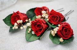 Set of five decorative flower bridal hair pins. Real dark red roses, baby's breath, greenery pin