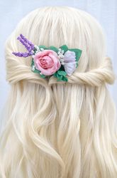 Decorative fancy bridal flower hair piece. Pink rose, baby's breath, lavender, greenery hair comb.