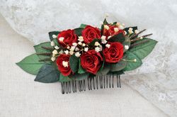 Real dark red roses, baby's breath, eucalyptus, greenery hair comb, Hair accessories. Bridal hair piece
