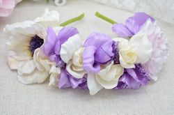 Irises, peony, anemone, lavender flower crown. Wedding hairband. Bridal hair accessories. Bride to be headband