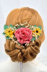 Pink rose, sunflowers, baby's breath and greenery artificial flowers hair comb. Bridal hair piece