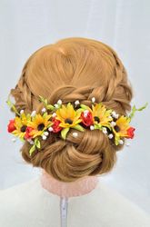 Sunflowers, red roses, baby's breath, yellow-green greenery hair pins. Wedding hair pieces. Bridal hair accessories